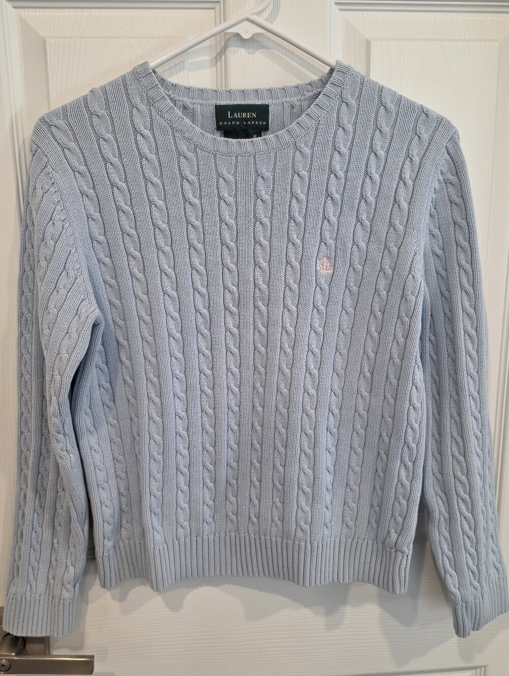 Ralph Lauren Light Blue Women's Cable-Knit Crew Neck Sweater Size-M - Picture 2 of 5